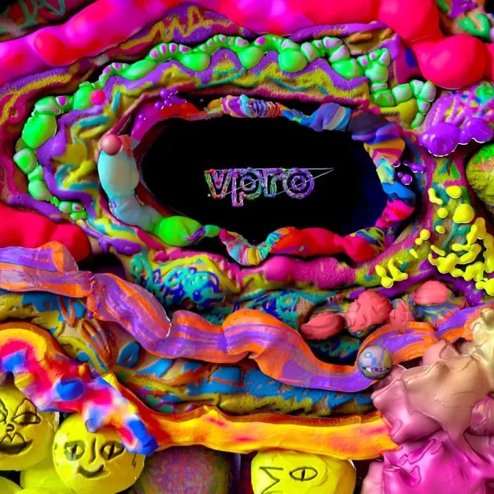 Still from the VPRO ident: the VPRO logo inside a swirling world of bright clay shapes and small faces