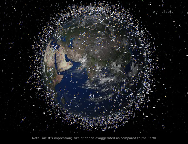 The Earth wrapped in a thick swarm of satellites and debris