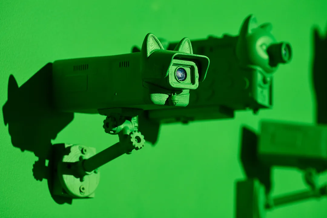 A green Lucky Cat security camera on a bracket against the green wall