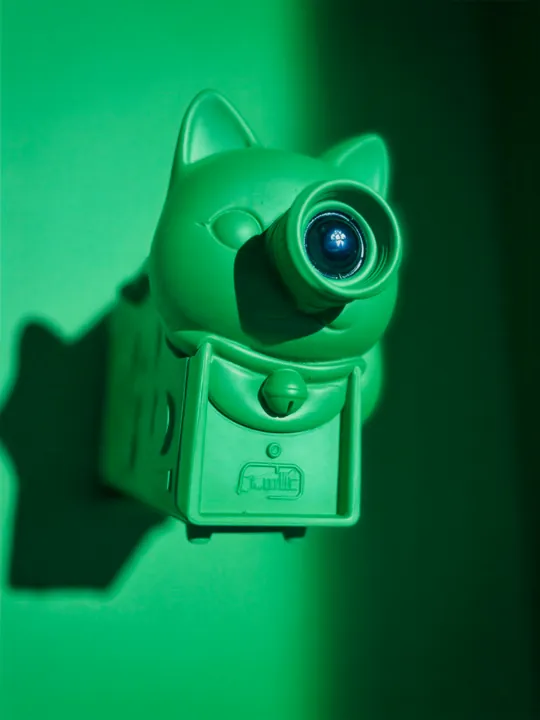 A green Lucky Cat camera close up